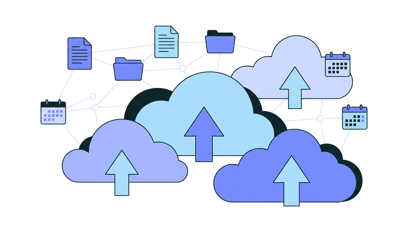 Illustration of cloud services, migration, and connected collaboration tools.