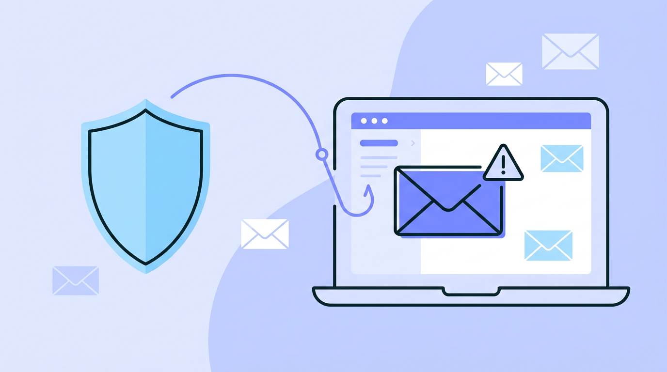 Illustration of email safety, caution, and protective shields.