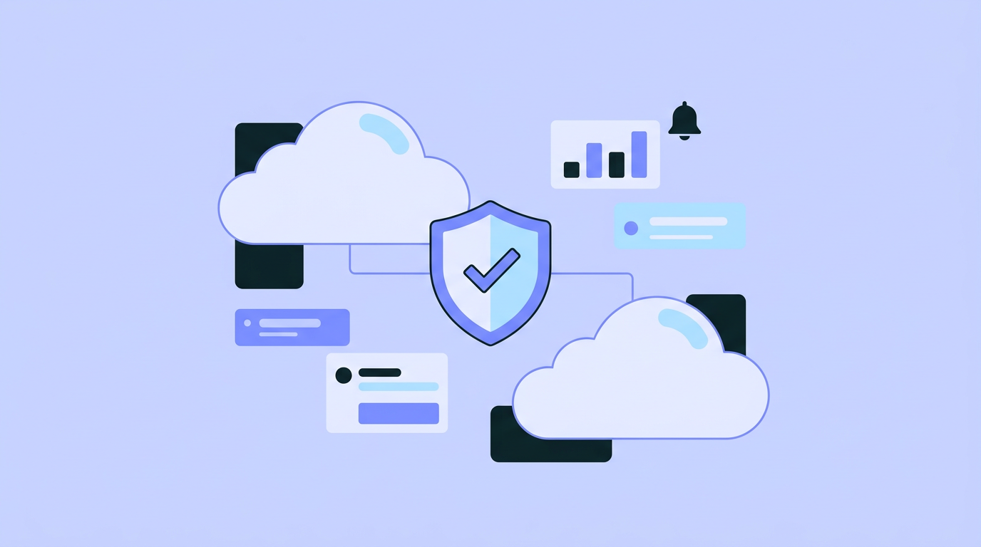 Stylized illustration of cloud services, a shield, and monitoring signals.